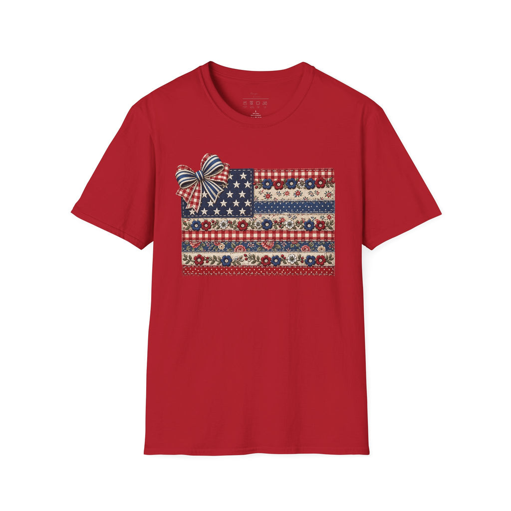 Patriotic Floral Flag T-Shirt — Americana Bow Stars & Stripes Top