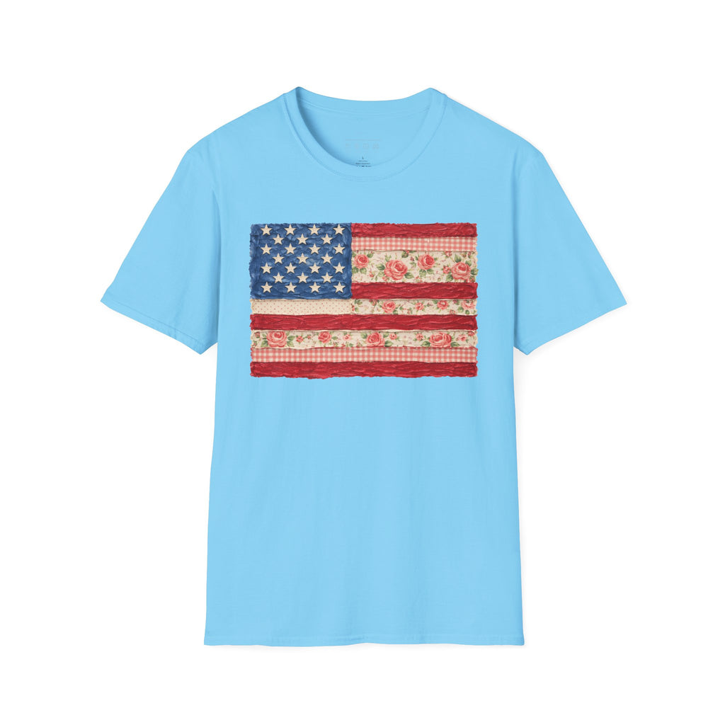 Patriotic Floral American Flag T-Shirt — Vintage Rose USA Tee for Fourth of July