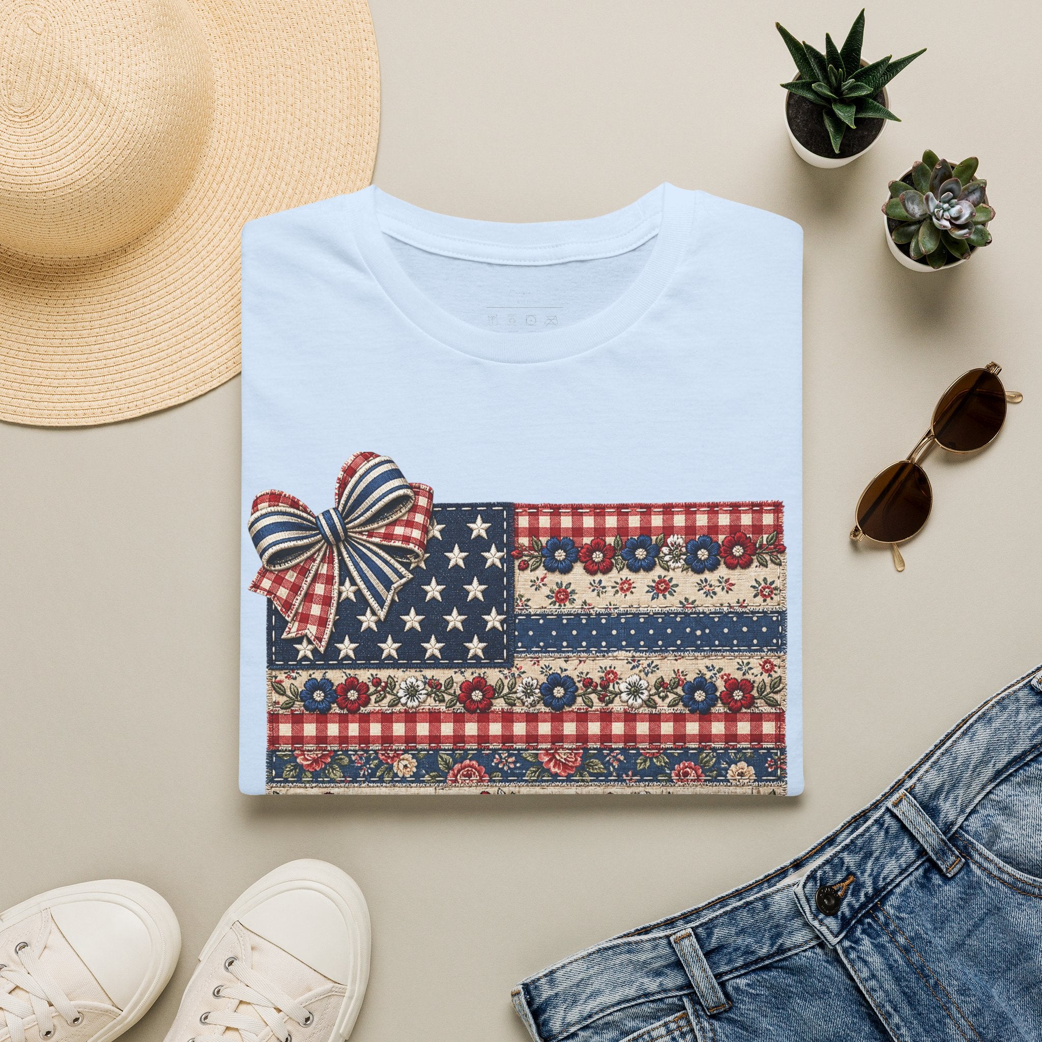 Patriotic Floral Flag T-Shirt — Americana Bow Stars & Stripes Top
