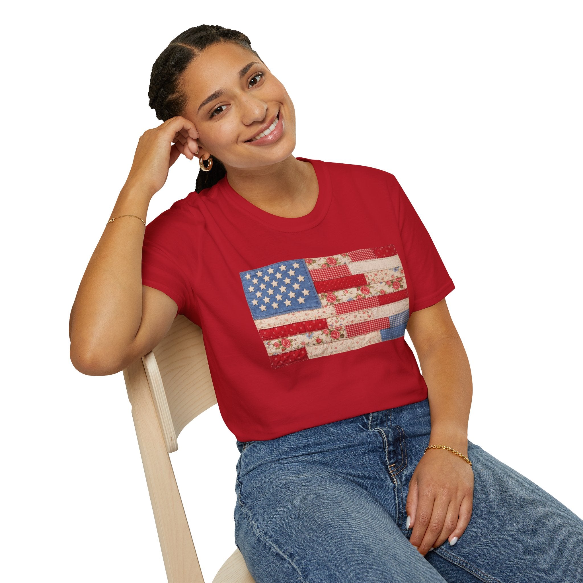 Patchwork American Flag T-Shirt — Vintage Floral Patriotic Tee