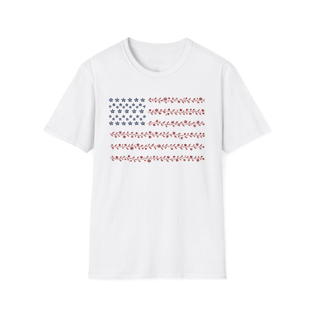 Floral American Flag T-Shirt — Patriotic Red & Blue Botanical Tee for 4th of July