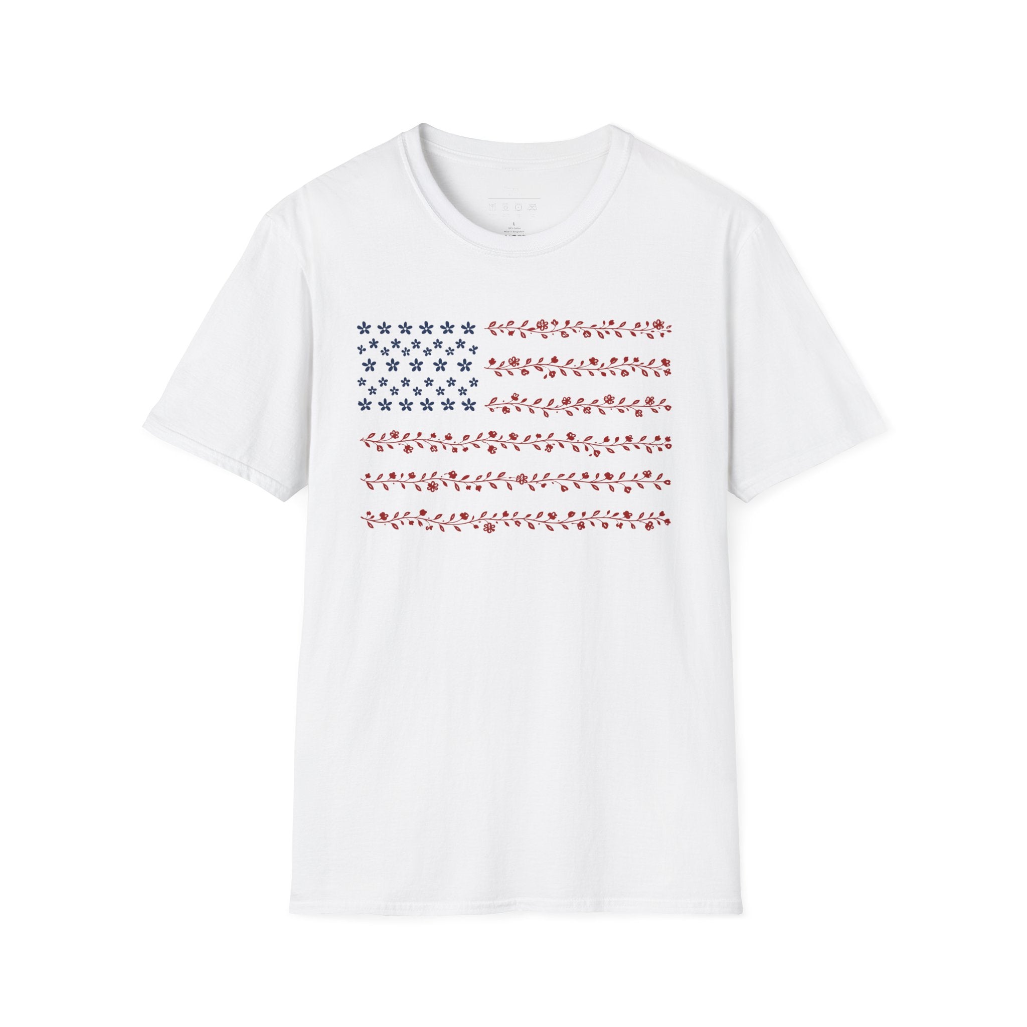 Floral American Flag T-Shirt — Patriotic Red & Blue Botanical Tee for 4th of July