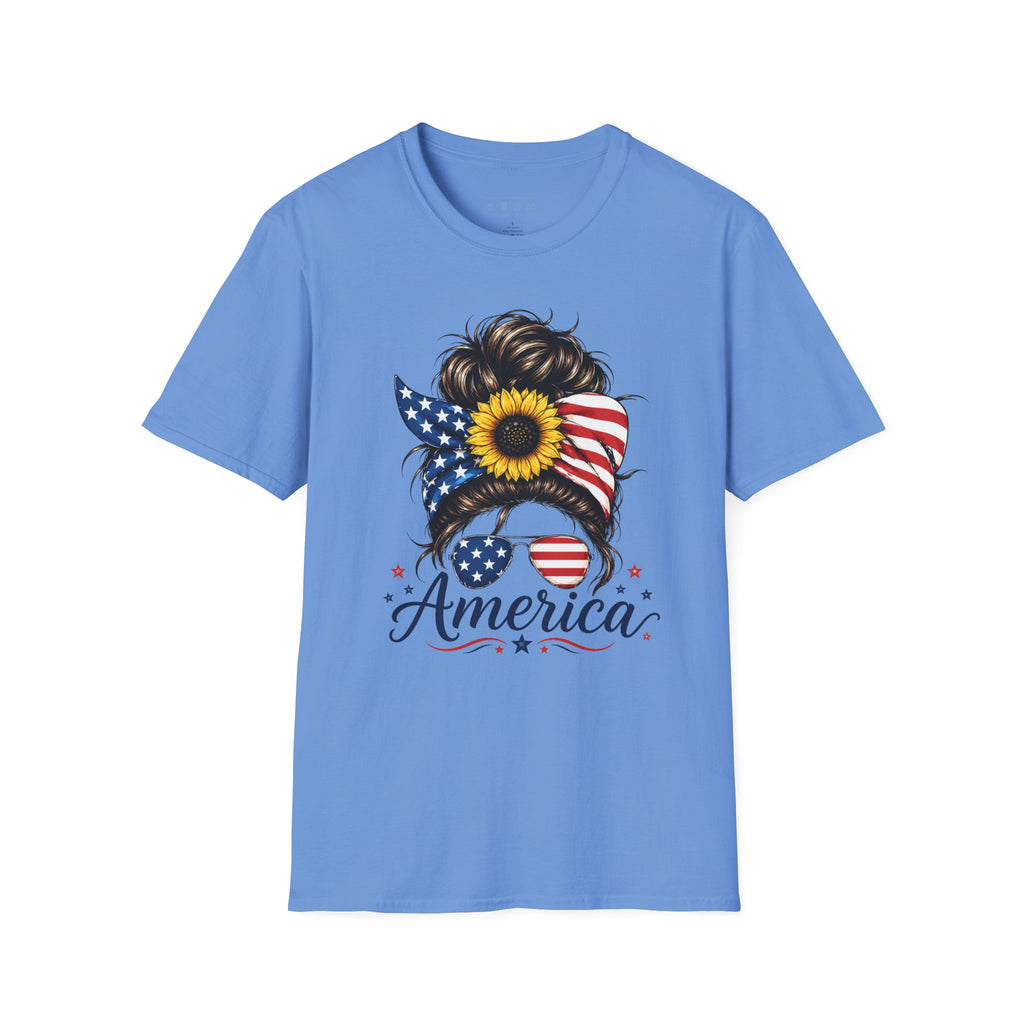 T-Shirt — Patriotic Sunflower Messy Bun (America)