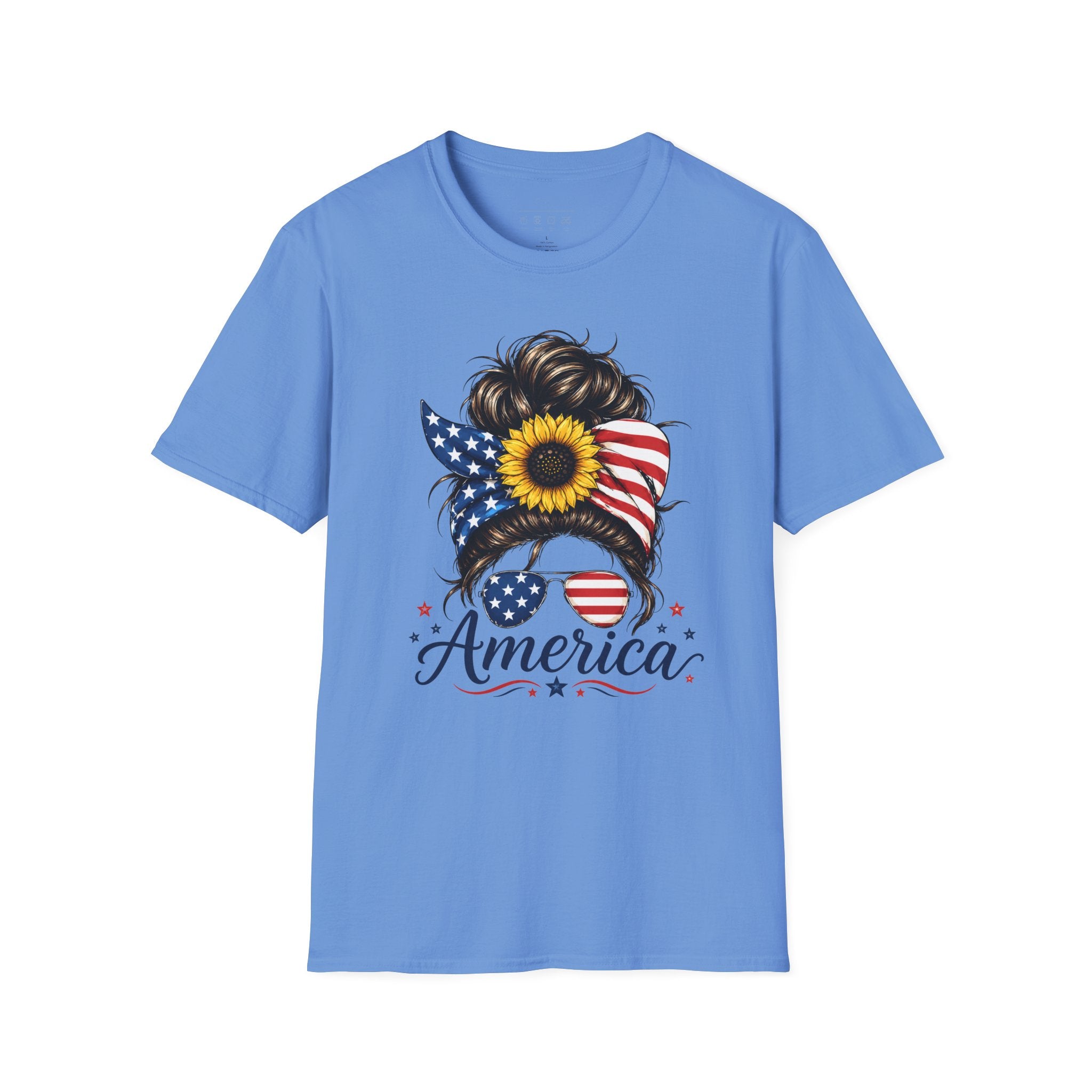 T-Shirt — Patriotic Sunflower Messy Bun (America)
