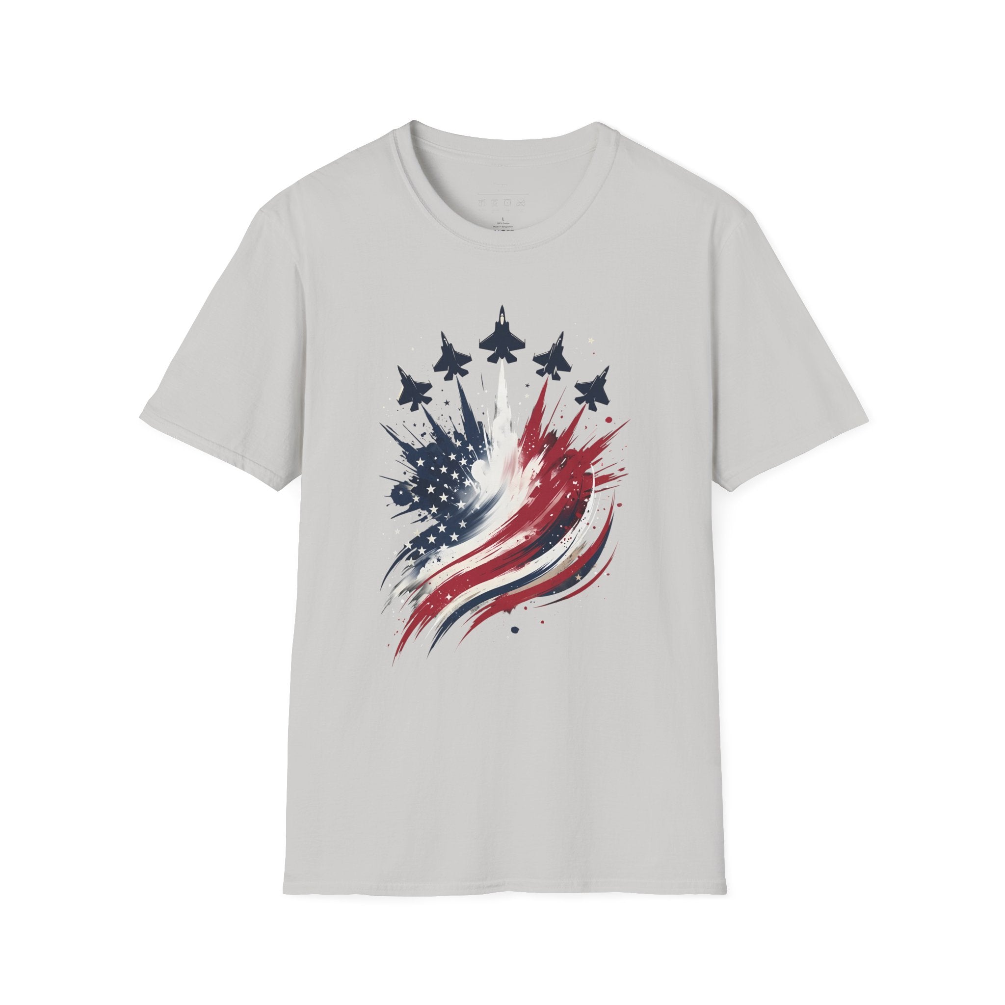 T-Shirt — Patriotic Jet Flyover with American Flag Splash