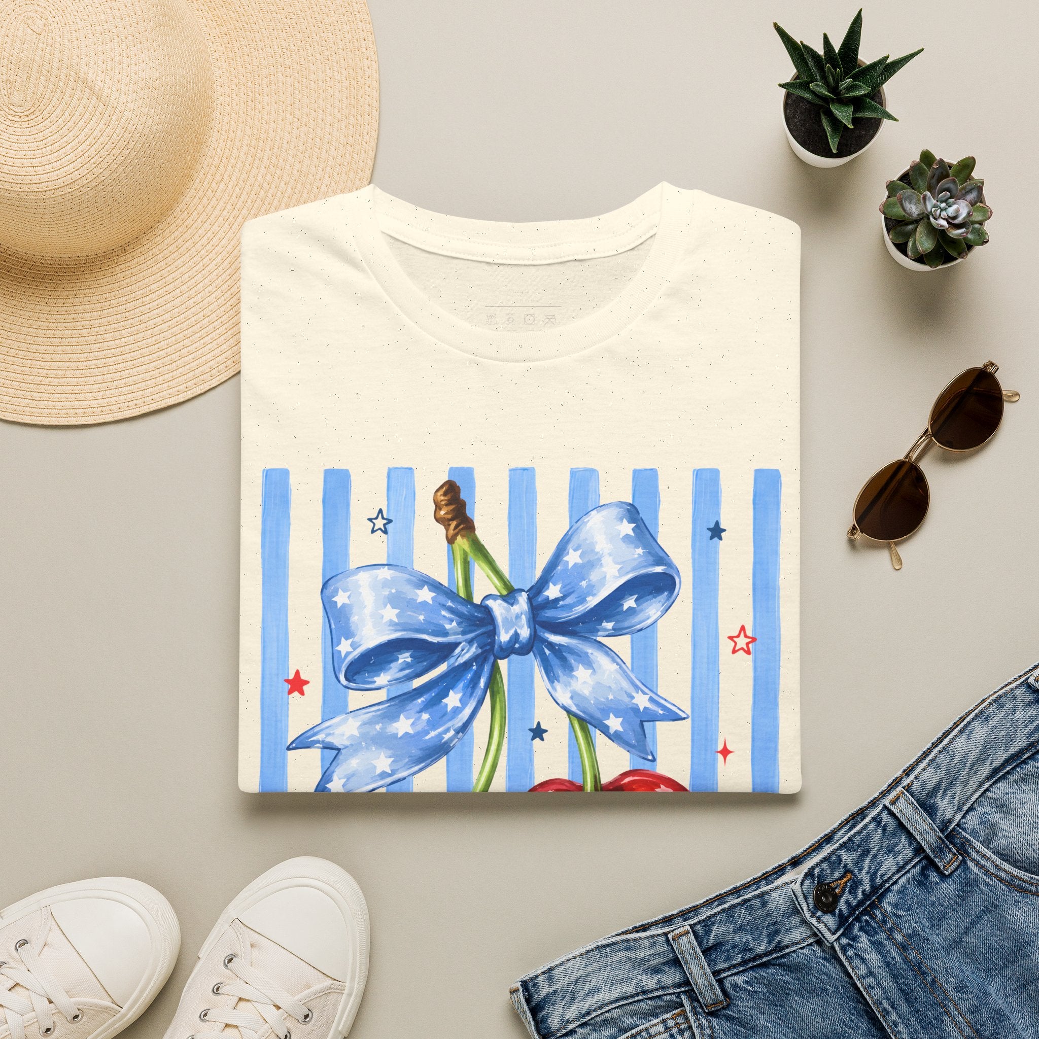 Cherry Graphic T-Shirt — Blue Bow & Striped Summer Tee