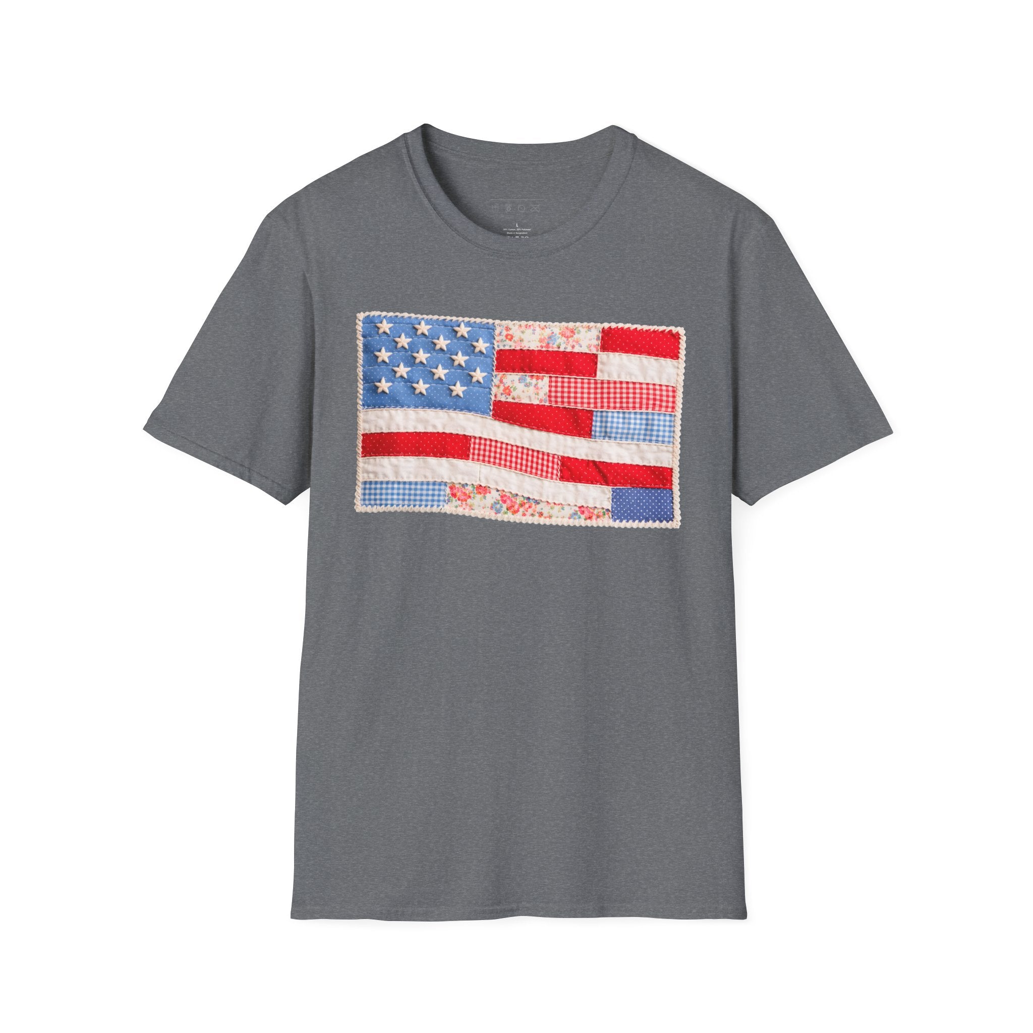 American Patchwork Flag T-Shirt — Vintage Floral Stars & Stripes Tee for 4th of July