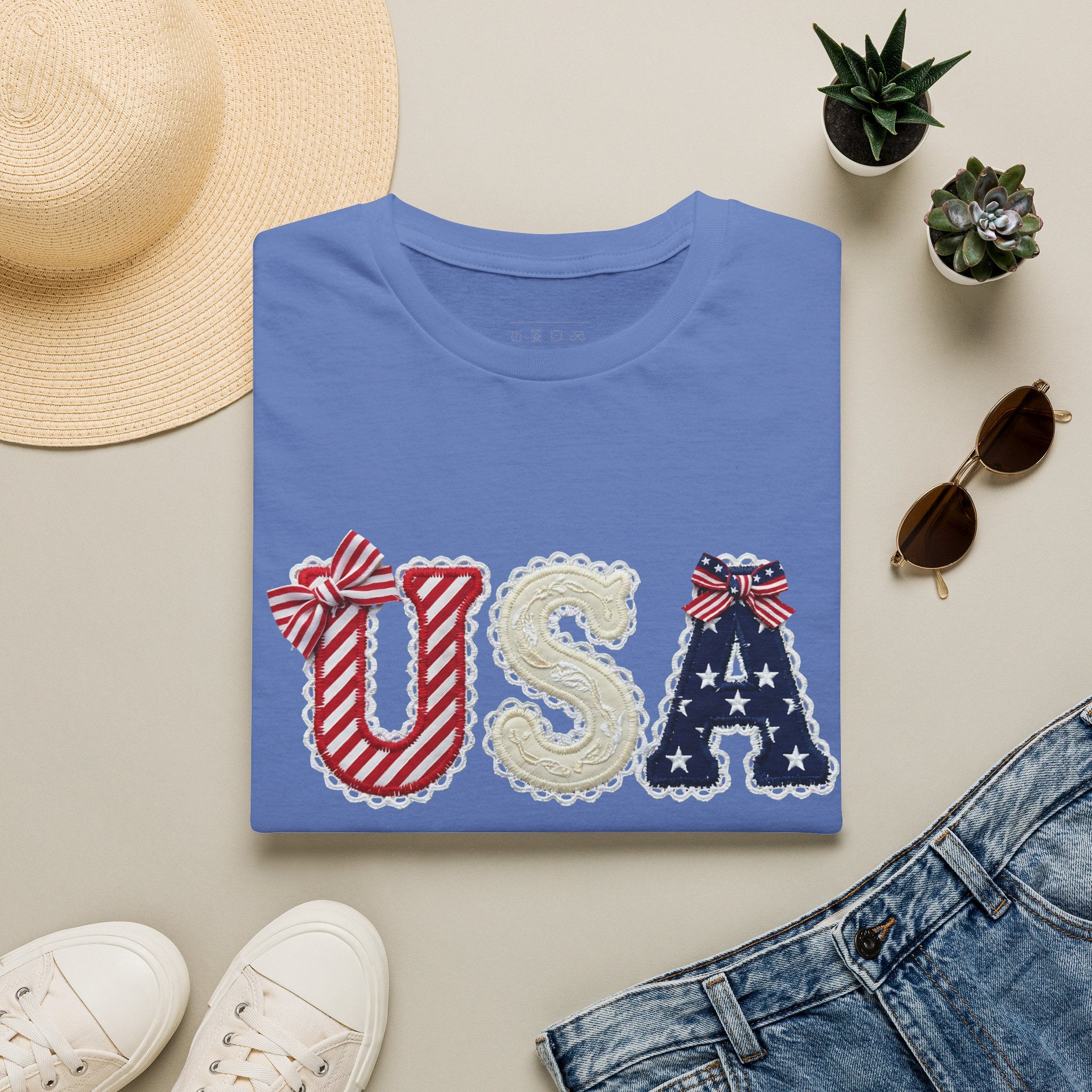 USA Applique T-Shirt — Patriotic 4th of July Flag Letter Tee