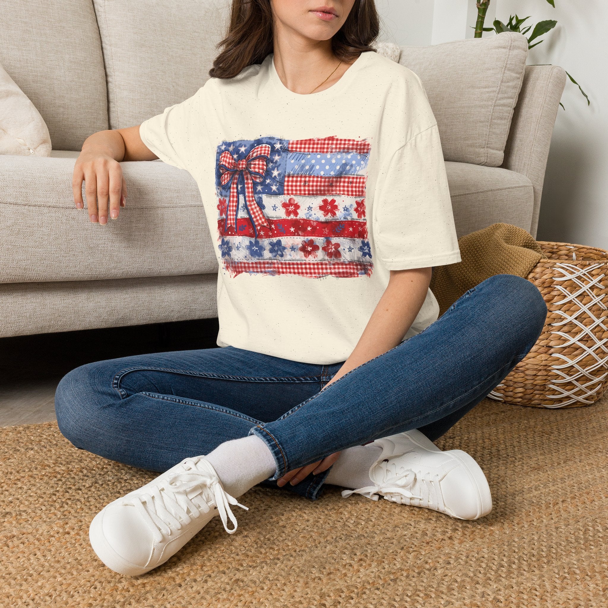 Patriotic Flag Bow T-Shirt — American Red White Blue Fourth of July Tee