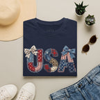 USA Patriotic T-Shirt — Distressed Flag Letters with Bows (4th of July)