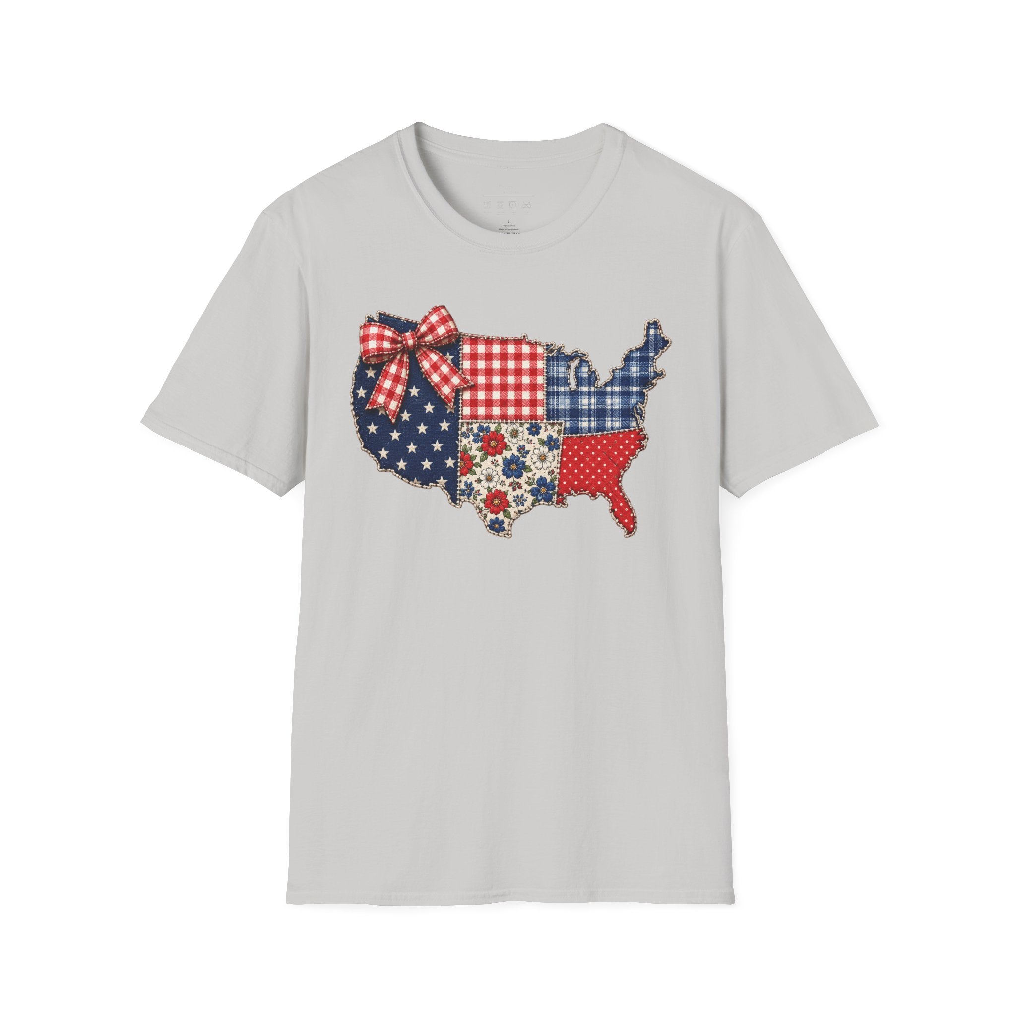 Patriotic Patchwork USA T-Shirt — Quilted Red White & Blue Map Tee