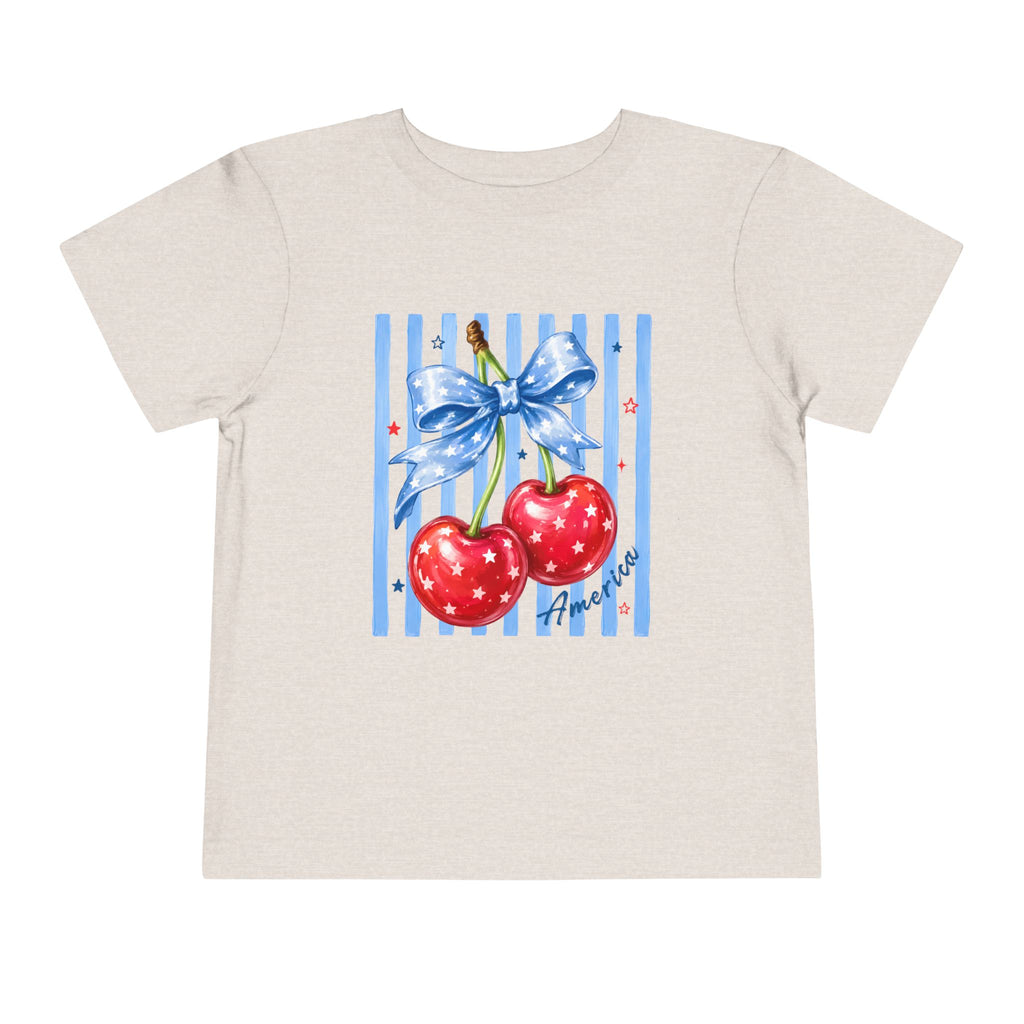 Toddler Tee Cherry Bow   — Cute Red Cherries with Blue Stripes