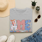 AME Retro Patriotic T-Shirt — Red White Blue Floral & Stripes Graphic Tee