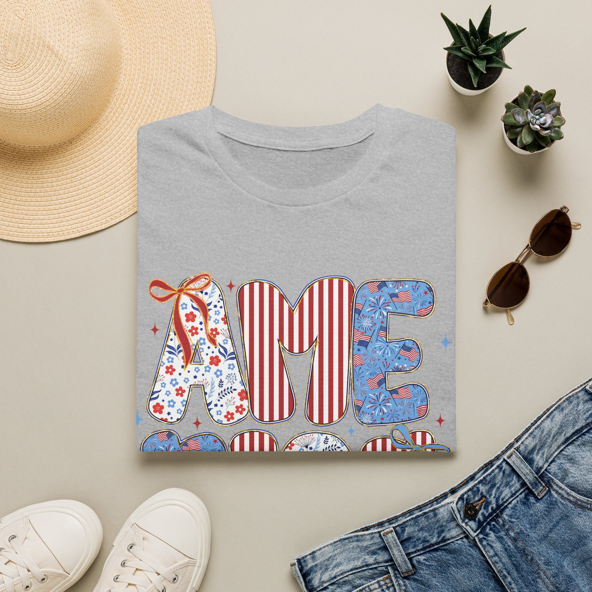 AME Retro Patriotic T-Shirt — Red White Blue Floral & Stripes Graphic Tee
