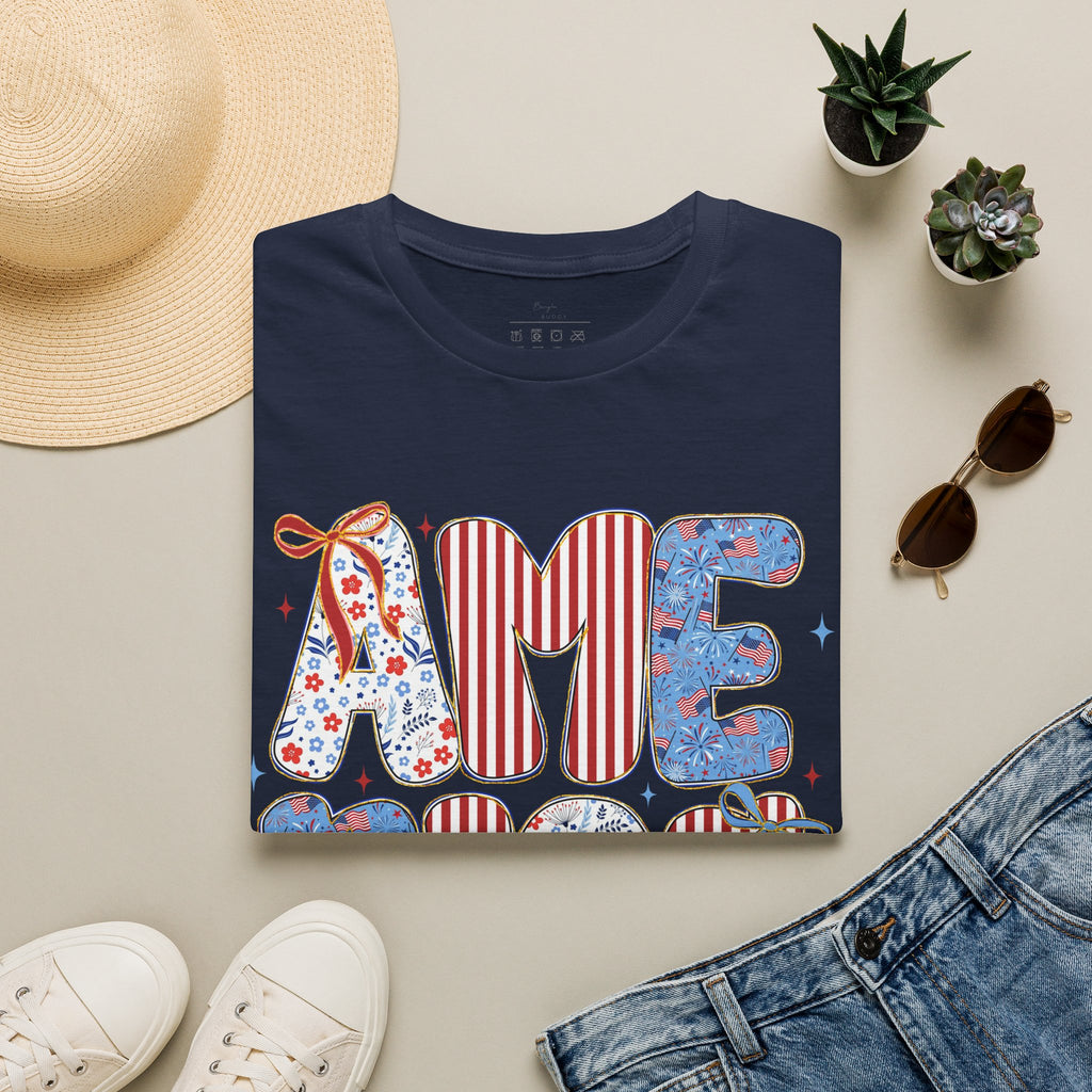 AME Retro Patriotic T-Shirt — Red White Blue Floral & Stripes Graphic Tee