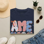 AME Retro Patriotic T-Shirt — Red White Blue Floral & Stripes Graphic Tee