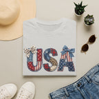 USA Patriotic T-Shirt — Distressed Flag Letters with Bows (4th of July)