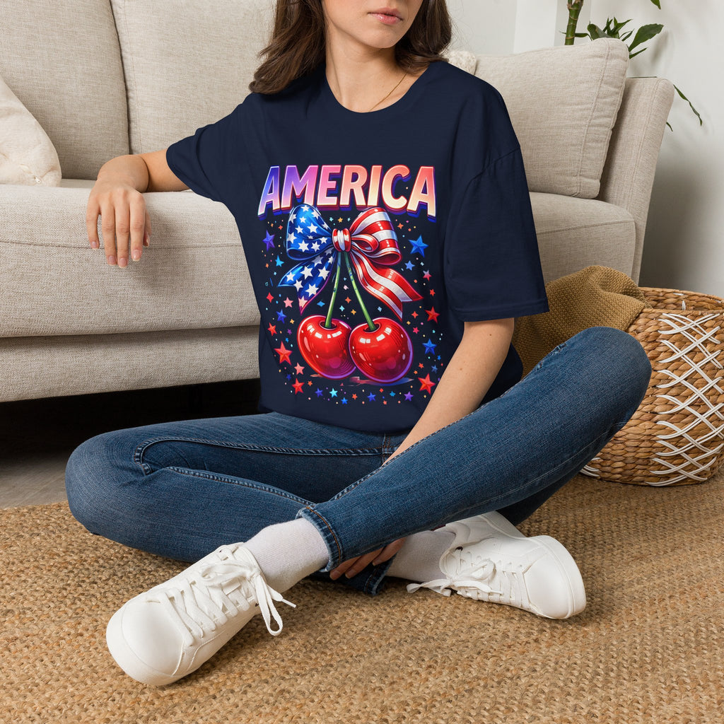 America Patriotic Cherry Graphic T-Shirt — USA Flag Bow 4th of July Tee