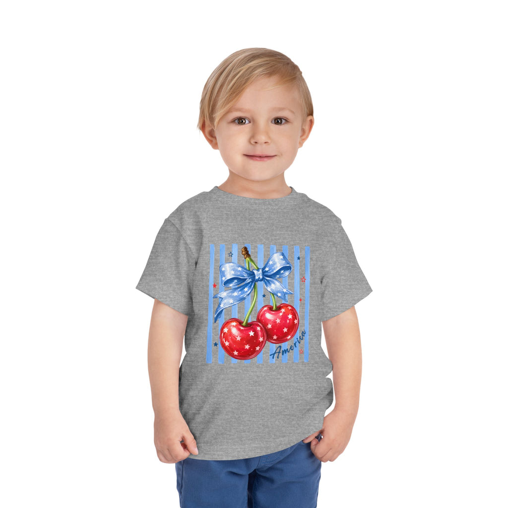 Toddler Tee Cherry Bow   — Cute Red Cherries with Blue Stripes