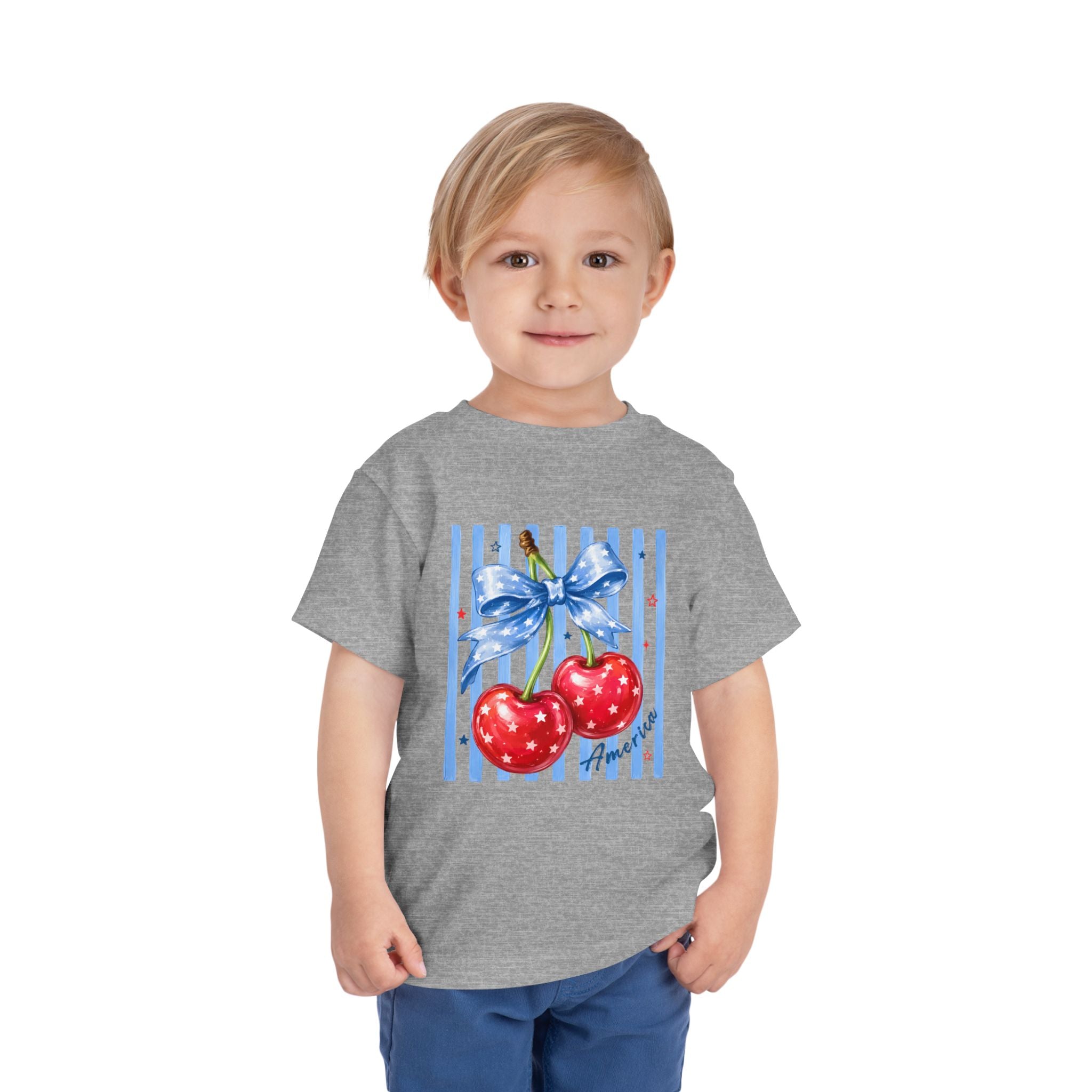 Toddler Tee Cherry Bow   — Cute Red Cherries with Blue Stripes