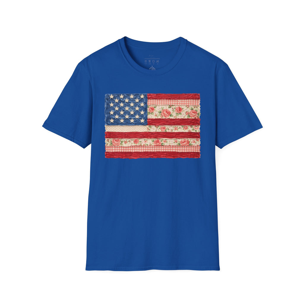Patriotic Floral American Flag T-Shirt — Vintage Rose USA Tee for Fourth of July