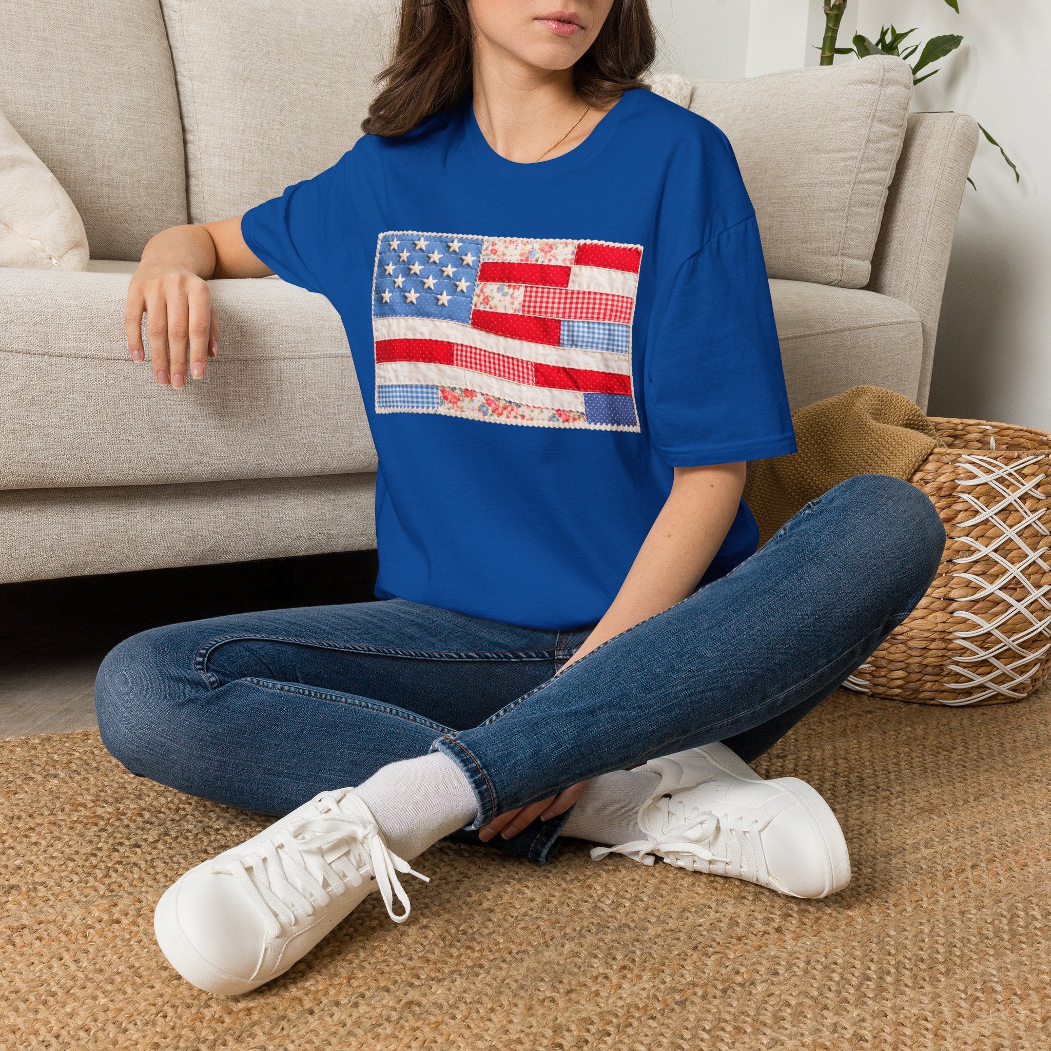 American Patchwork Flag T-Shirt — Vintage Floral Stars & Stripes Tee for 4th of July