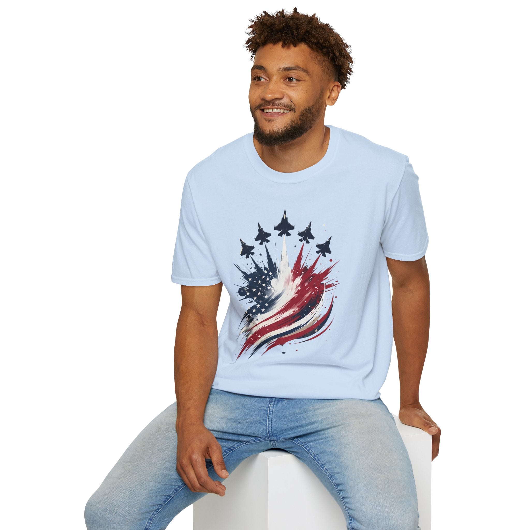 T-Shirt — Patriotic Jet Flyover with American Flag Splash