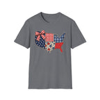 Patriotic Patchwork USA T-Shirt — Quilted Red White & Blue Map Tee