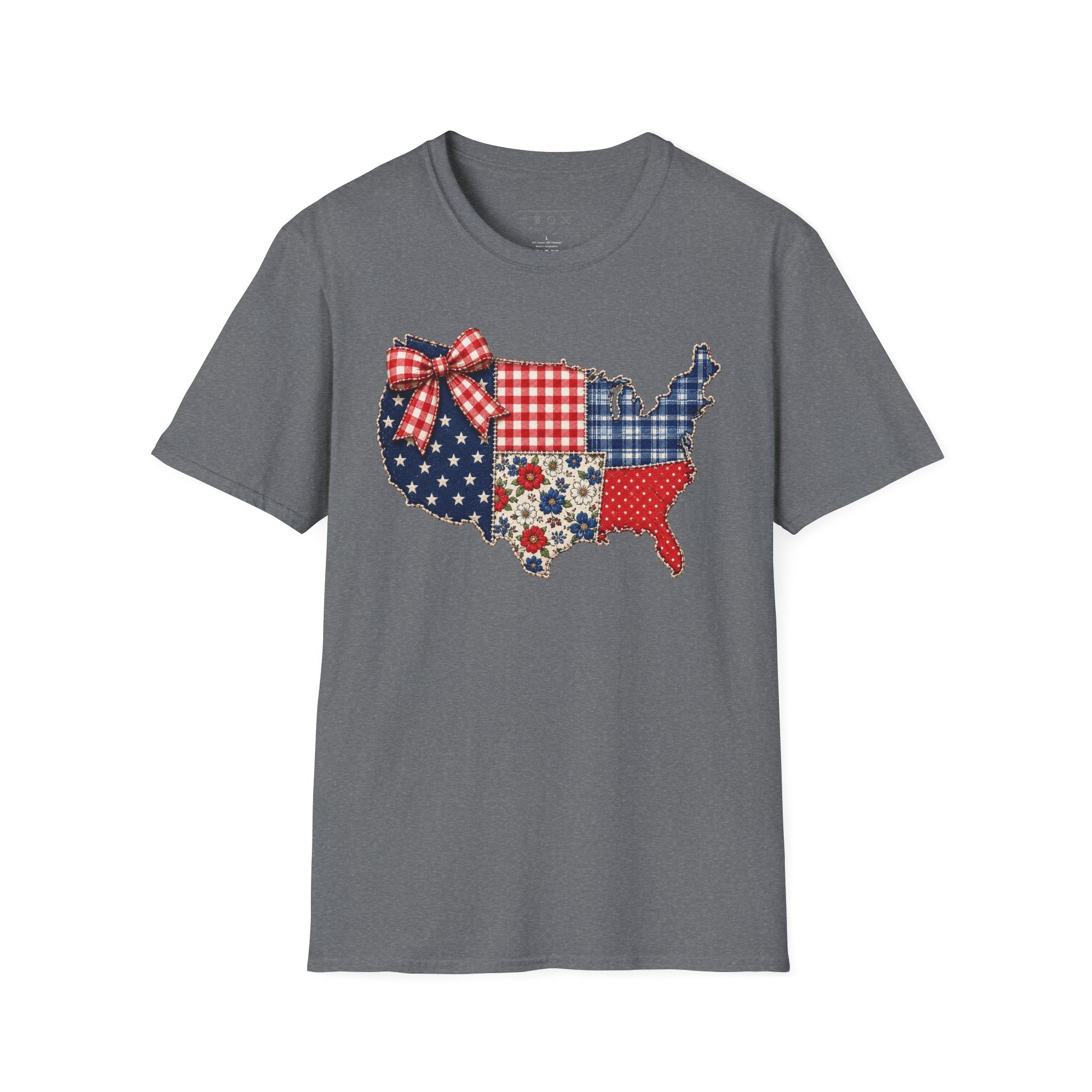 Patriotic Patchwork USA T-Shirt — Quilted Red White & Blue Map Tee