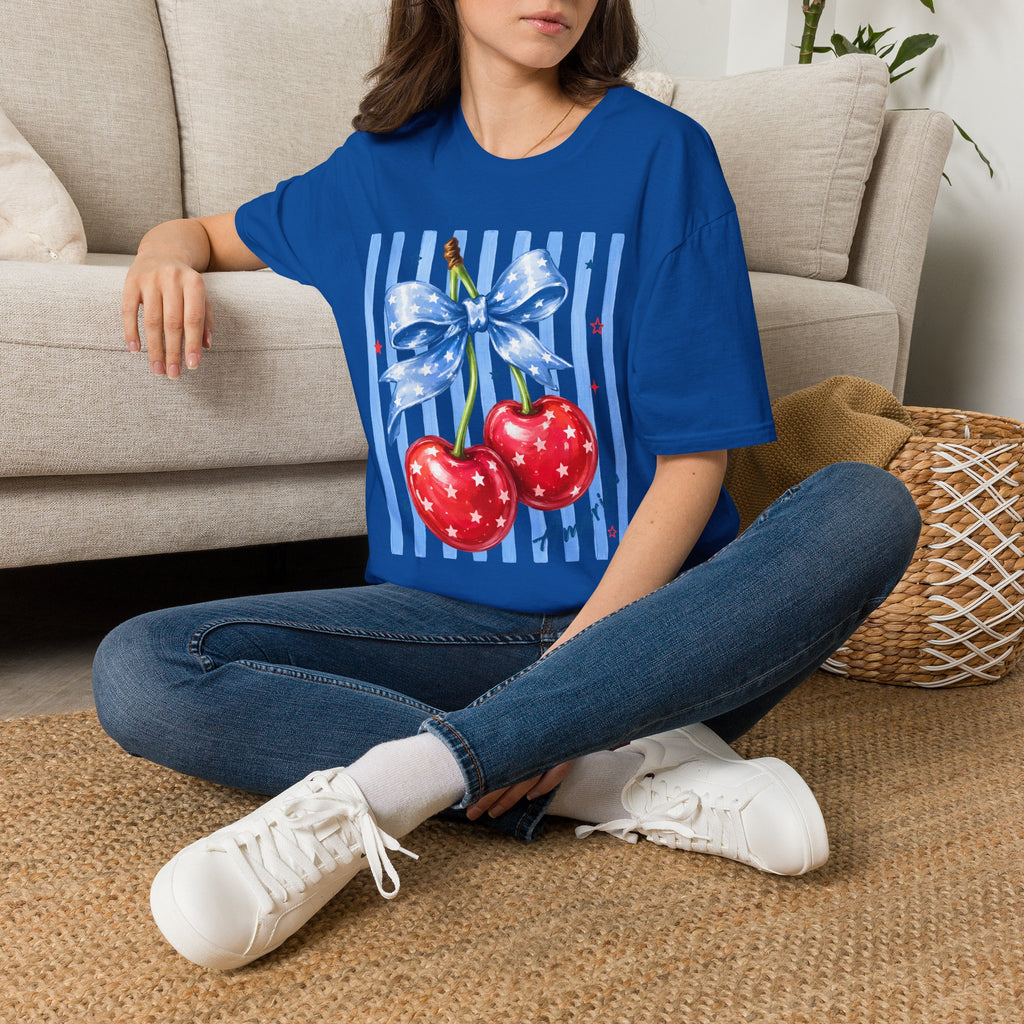 Cherry Graphic T-Shirt — Blue Bow & Striped Summer Tee