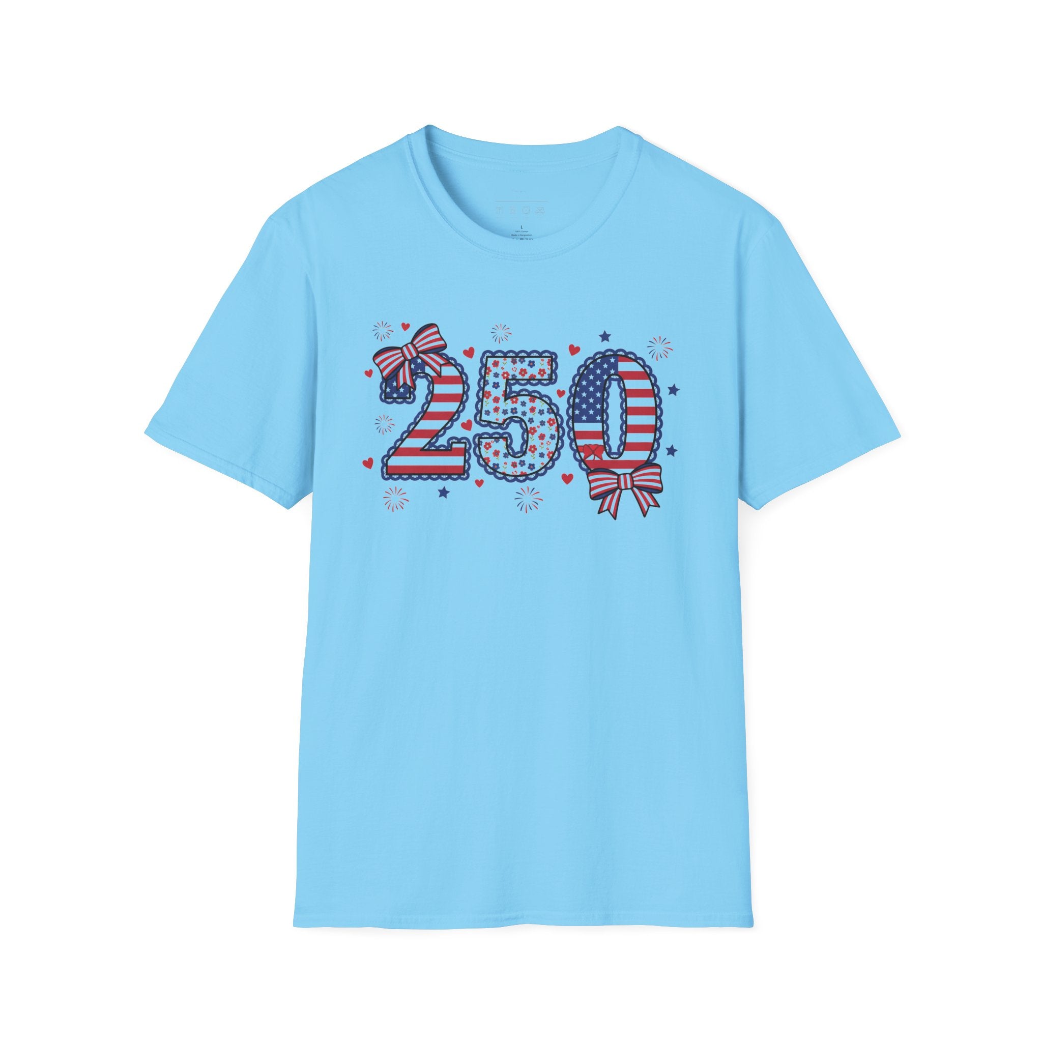 250 Patriotic T-Shirt — USA Flag Number Tee with Stars & Bows (Fourth of July)