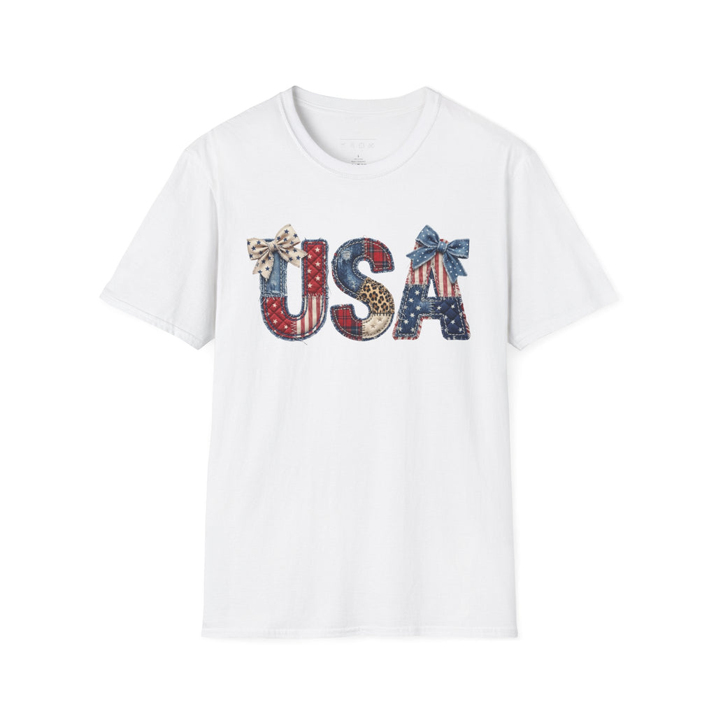 USA Patriotic T-Shirt — Distressed Flag Letters with Bows (4th of July)
