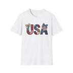 USA Patriotic T-Shirt — Distressed Flag Letters with Bows (4th of July)