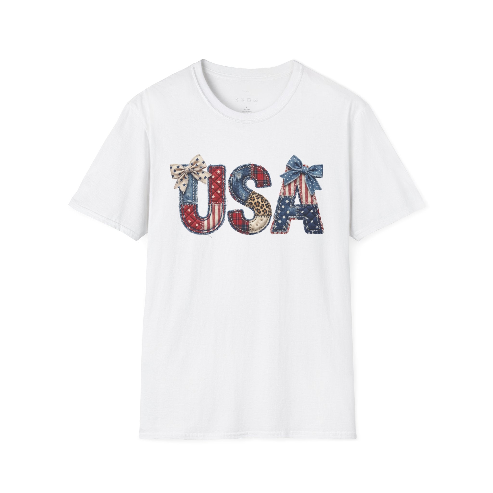 USA Patriotic T-Shirt — Distressed Flag Letters with Bows (4th of July)