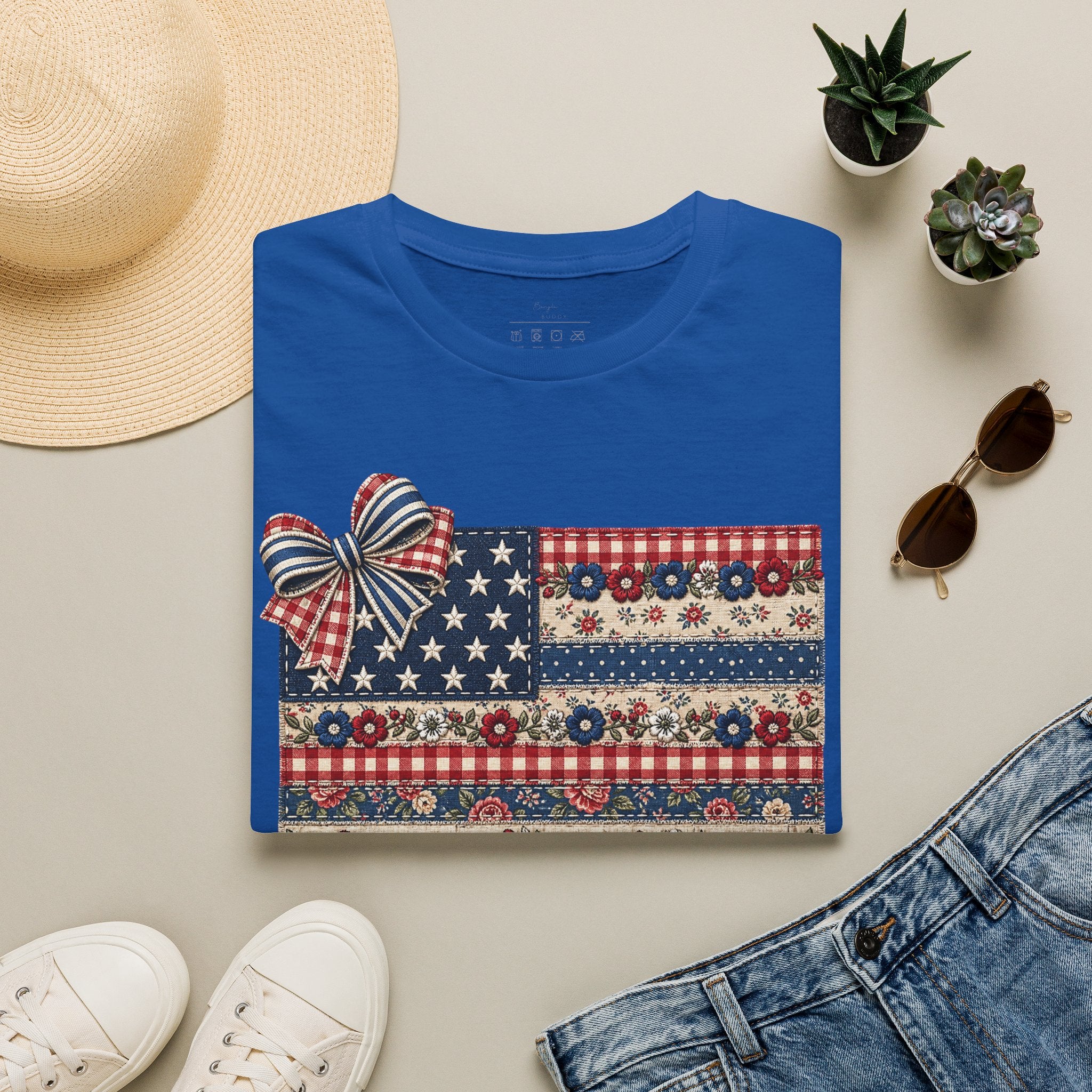 Patriotic Floral Flag T-Shirt — Americana Bow Stars & Stripes Top