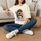 T-Shirt — Patriotic Sunflower Messy Bun (America)