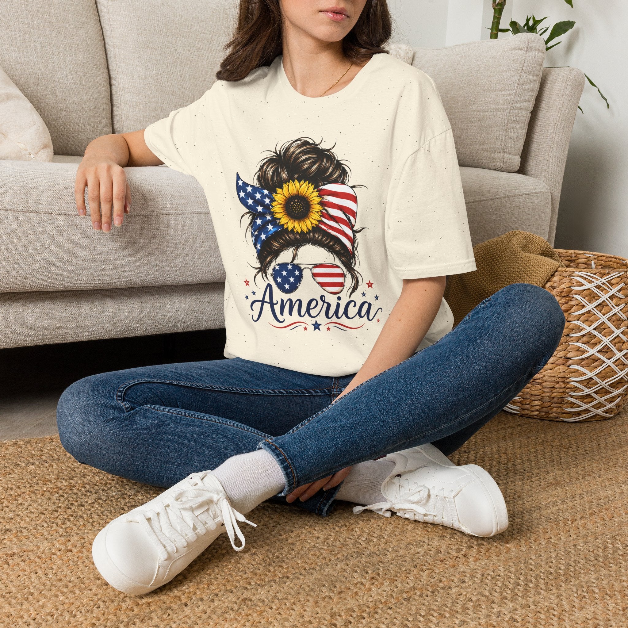 T-Shirt — Patriotic Sunflower Messy Bun (America)