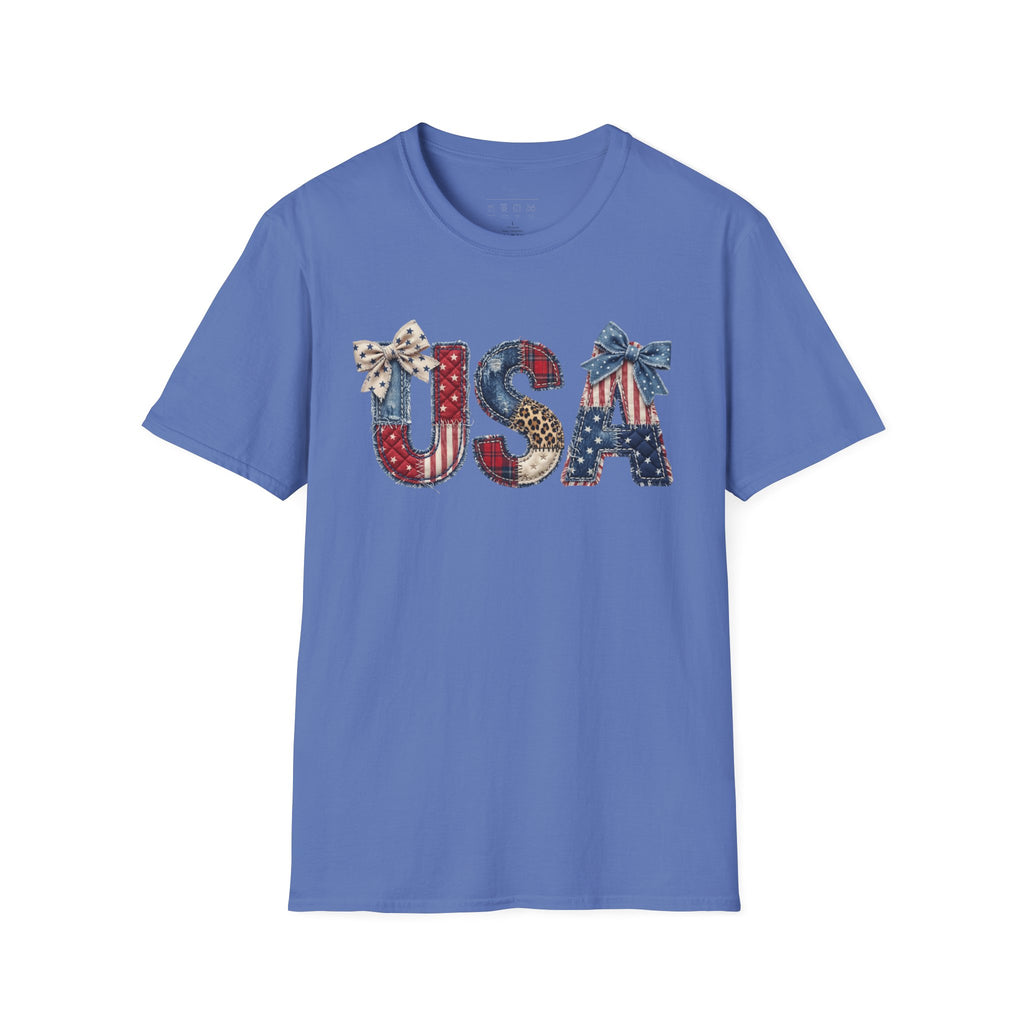 USA Patriotic T-Shirt — Distressed Flag Letters with Bows (4th of July)