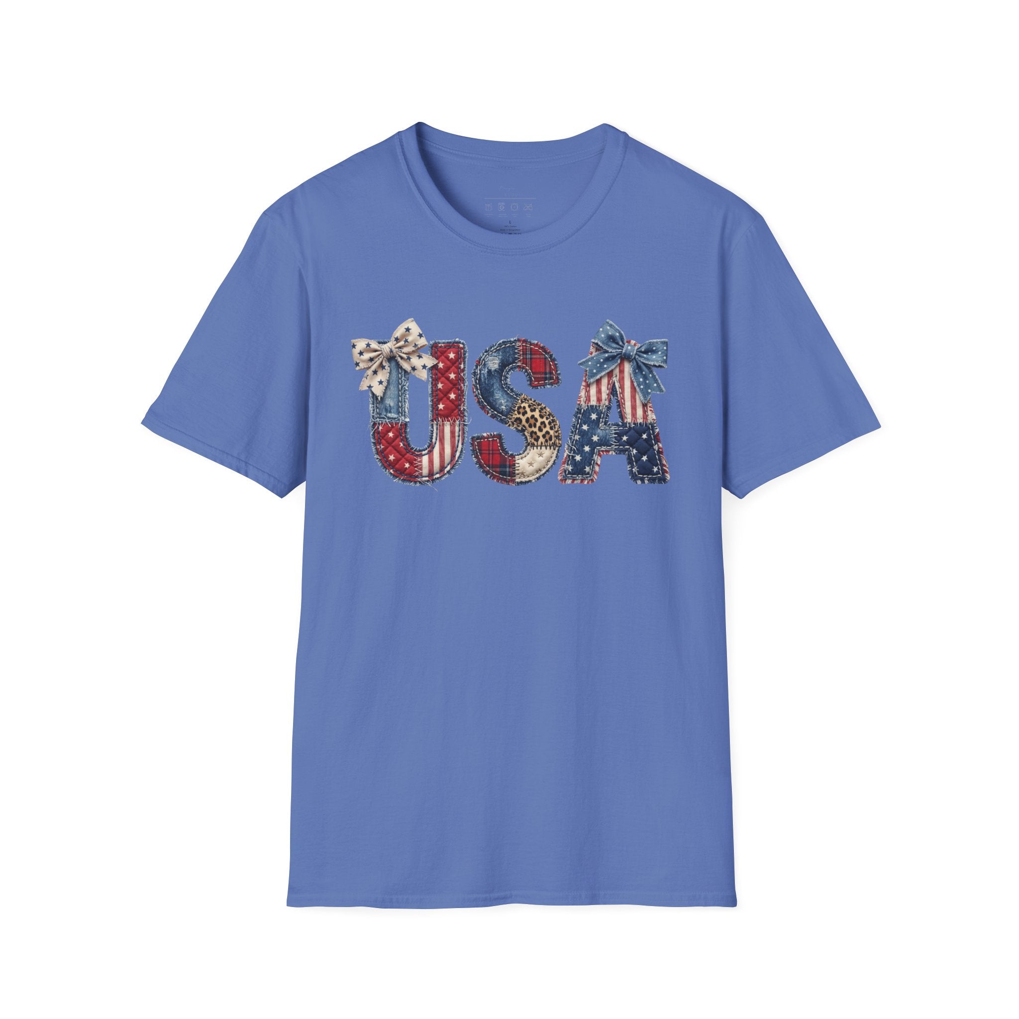 USA Patriotic T-Shirt — Distressed Flag Letters with Bows (4th of July)