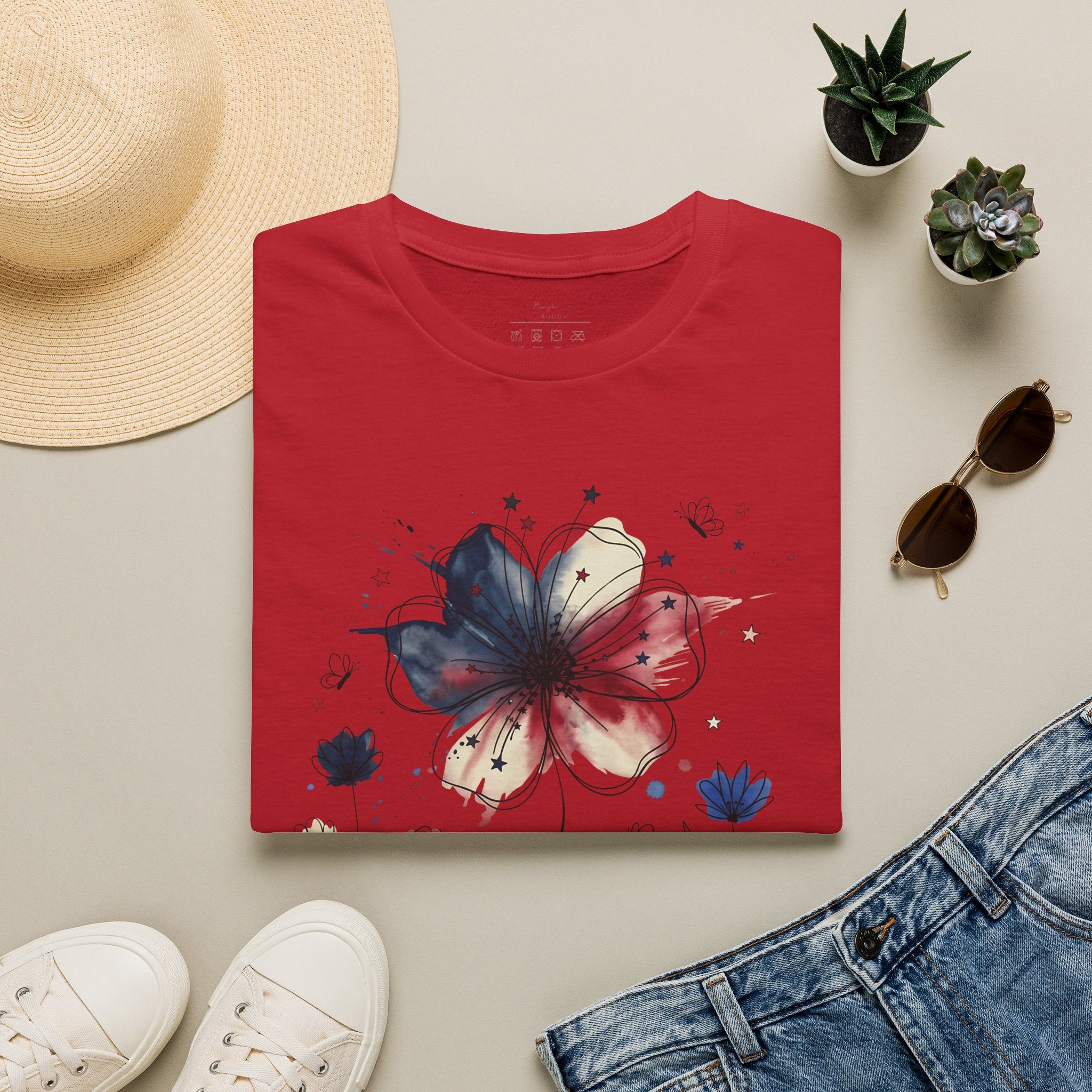 Butterfly Watercolor T-Shirt — Patriotic Red White Blue Floral Graphic