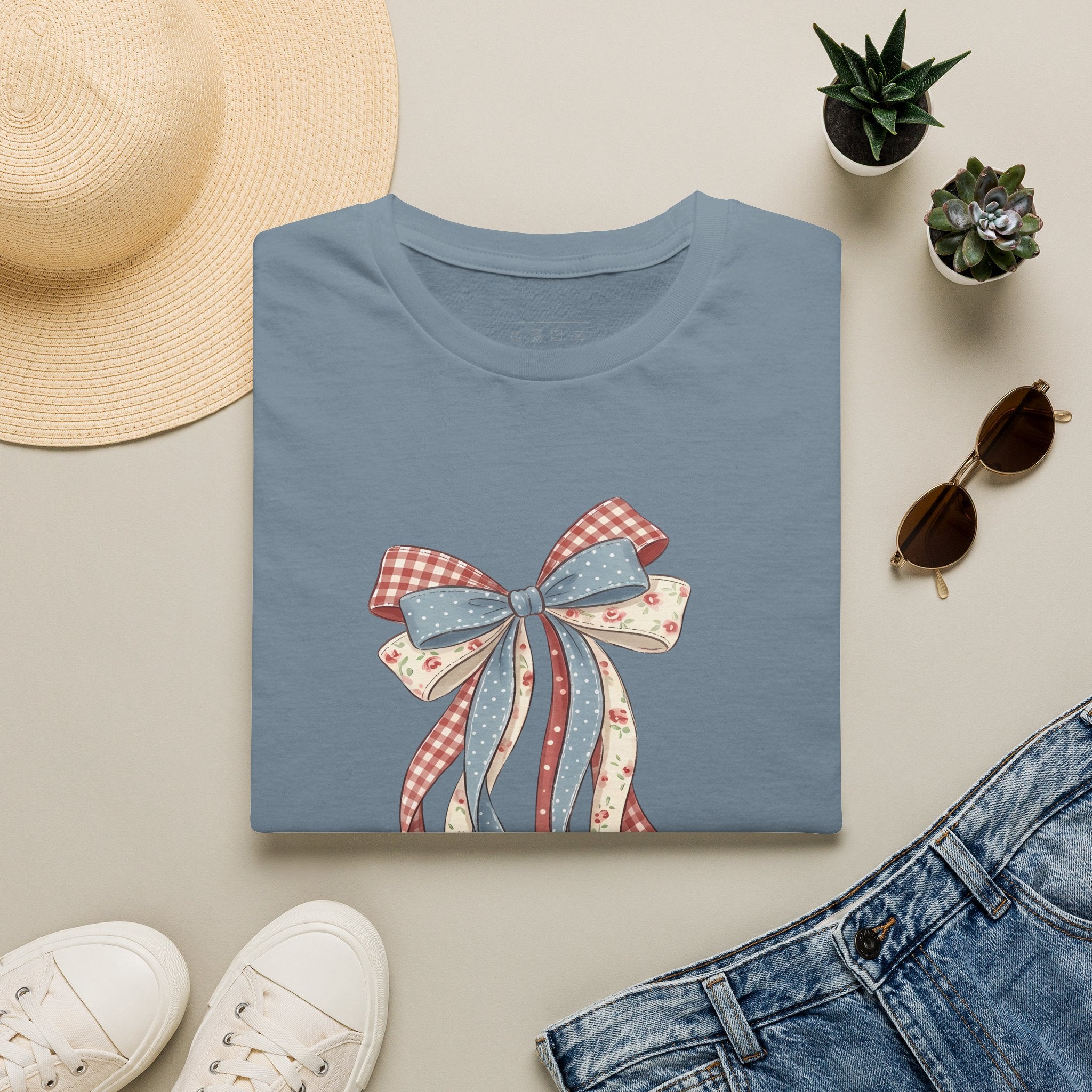 Bow Ribbon T-Shirt — Vintage Americana Floral & Gingham Bow Tee