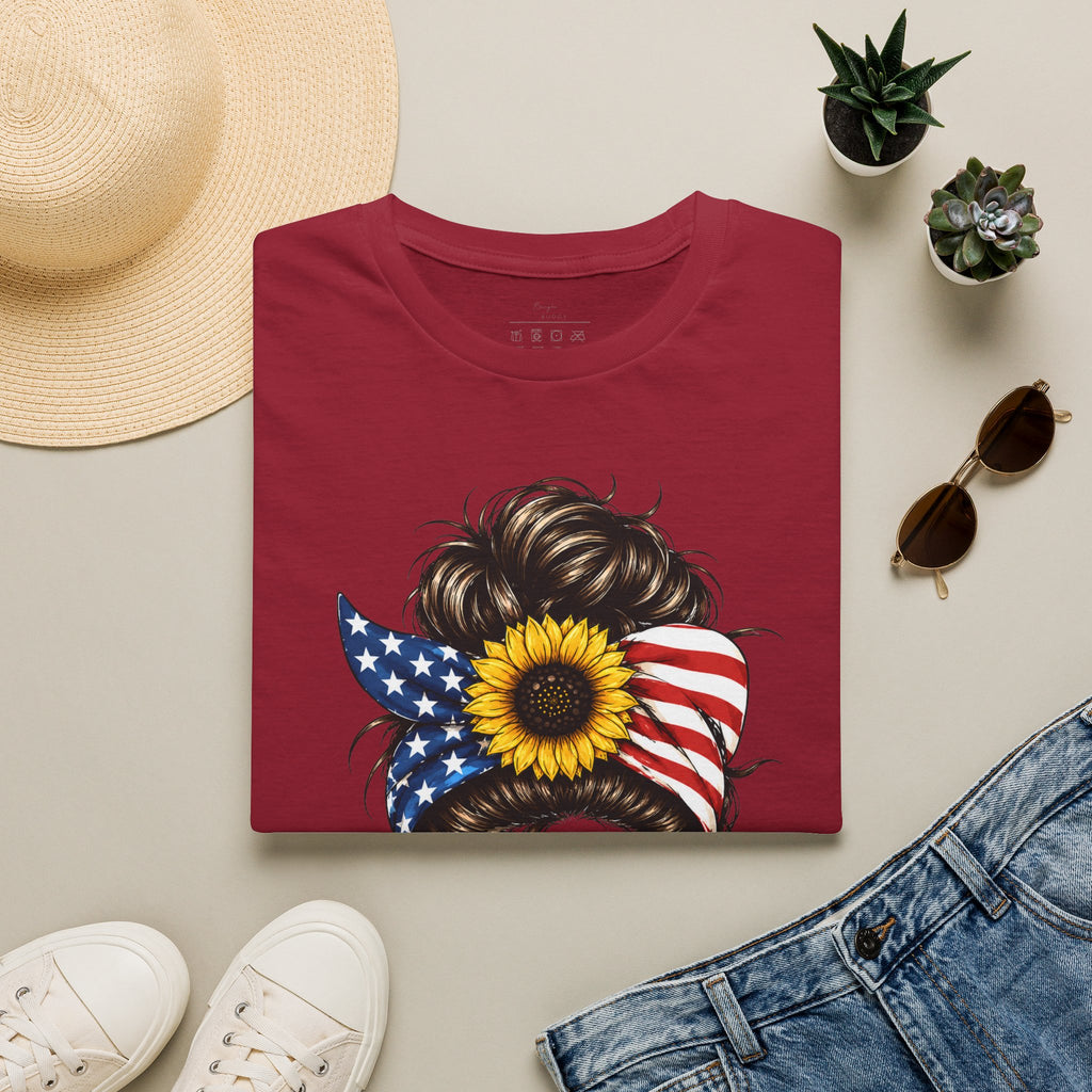 T-Shirt — Patriotic Sunflower Messy Bun (America)