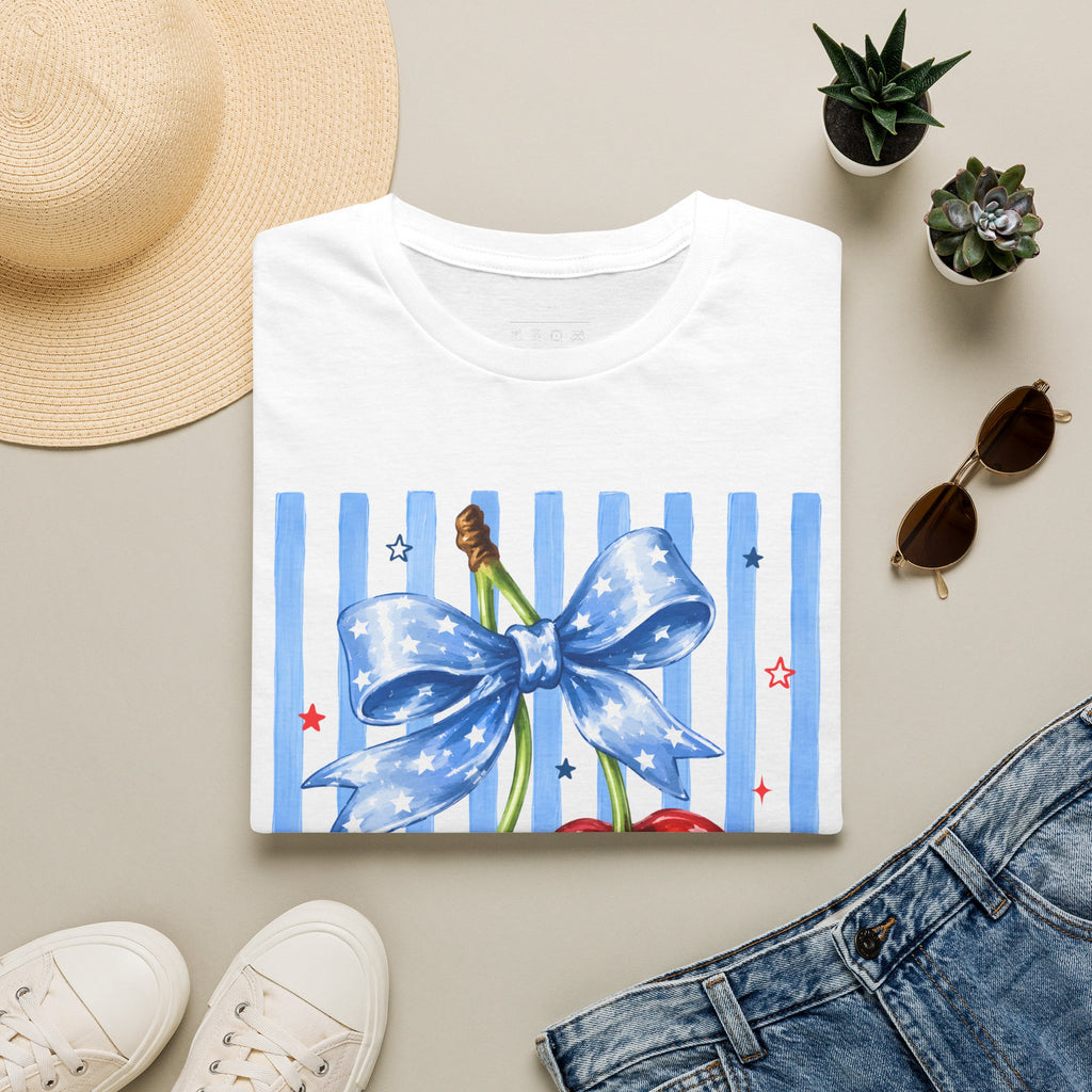 Cherry Graphic T-Shirt — Blue Bow & Striped Summer Tee