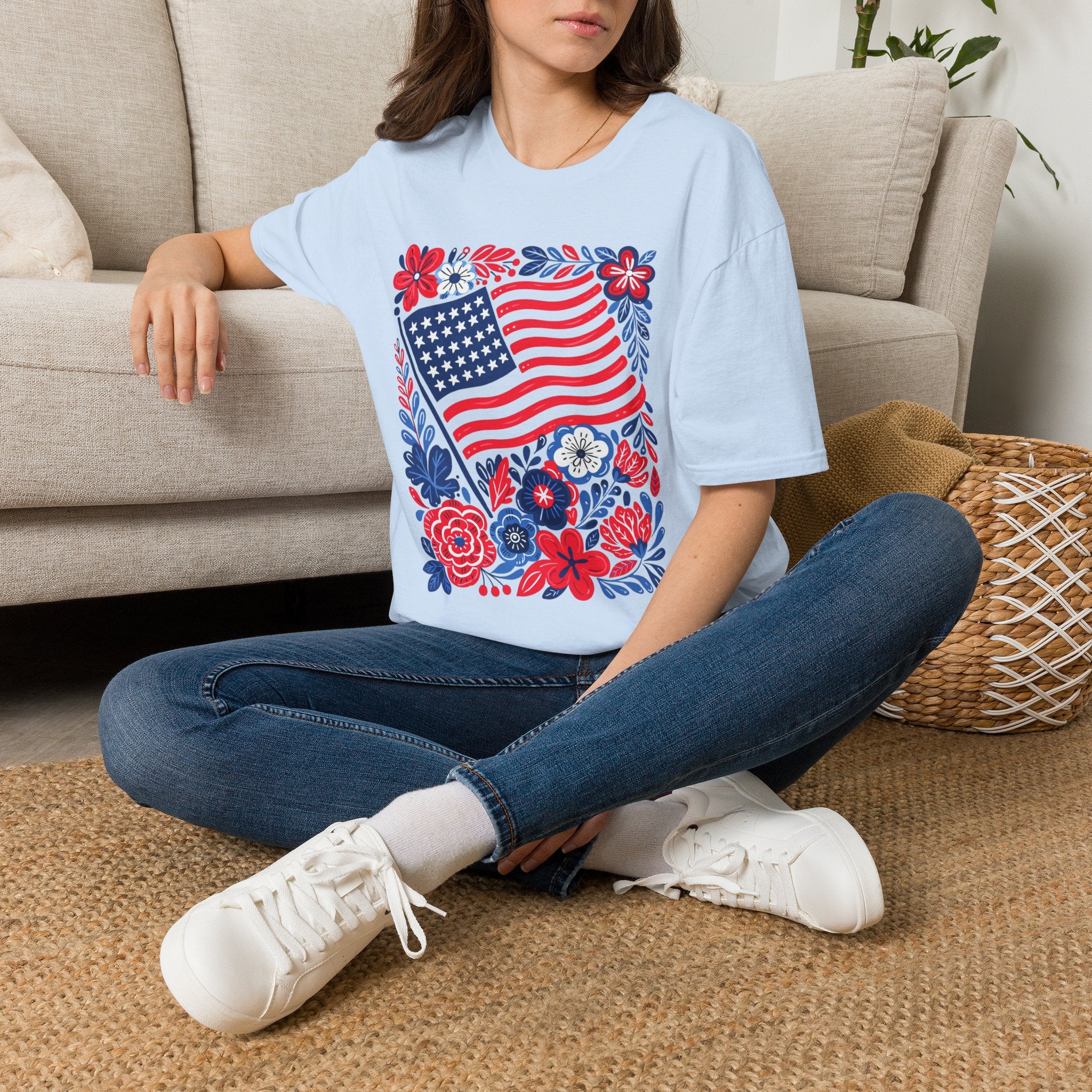 American Flag Floral T-Shirt — Patriotic Stars & Stripes Tee