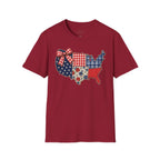 Patriotic Patchwork USA T-Shirt — Quilted Red White & Blue Map Tee