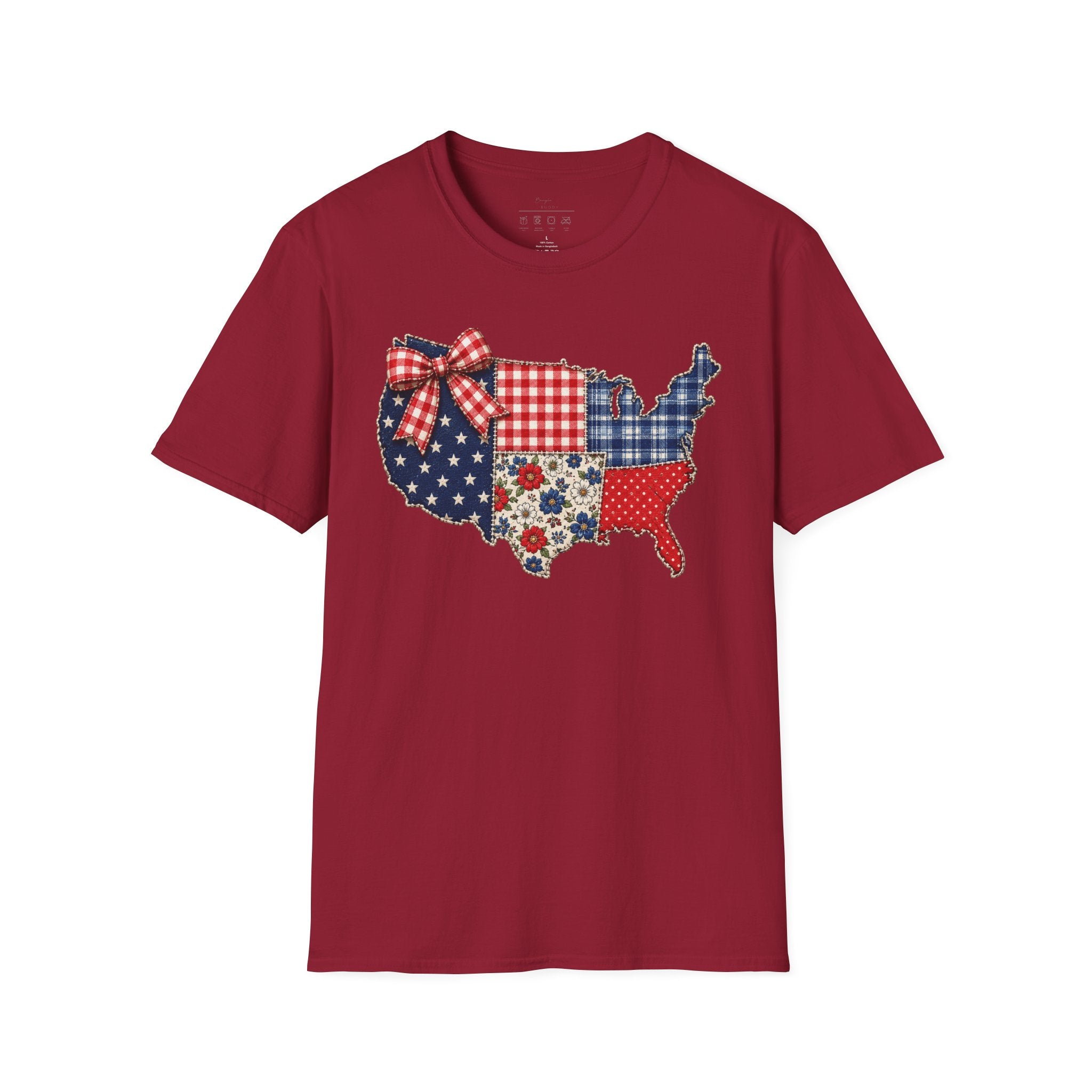 Patriotic Patchwork USA T-Shirt — Quilted Red White & Blue Map Tee