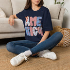 AME Retro Patriotic T-Shirt — Red White Blue Floral & Stripes Graphic Tee