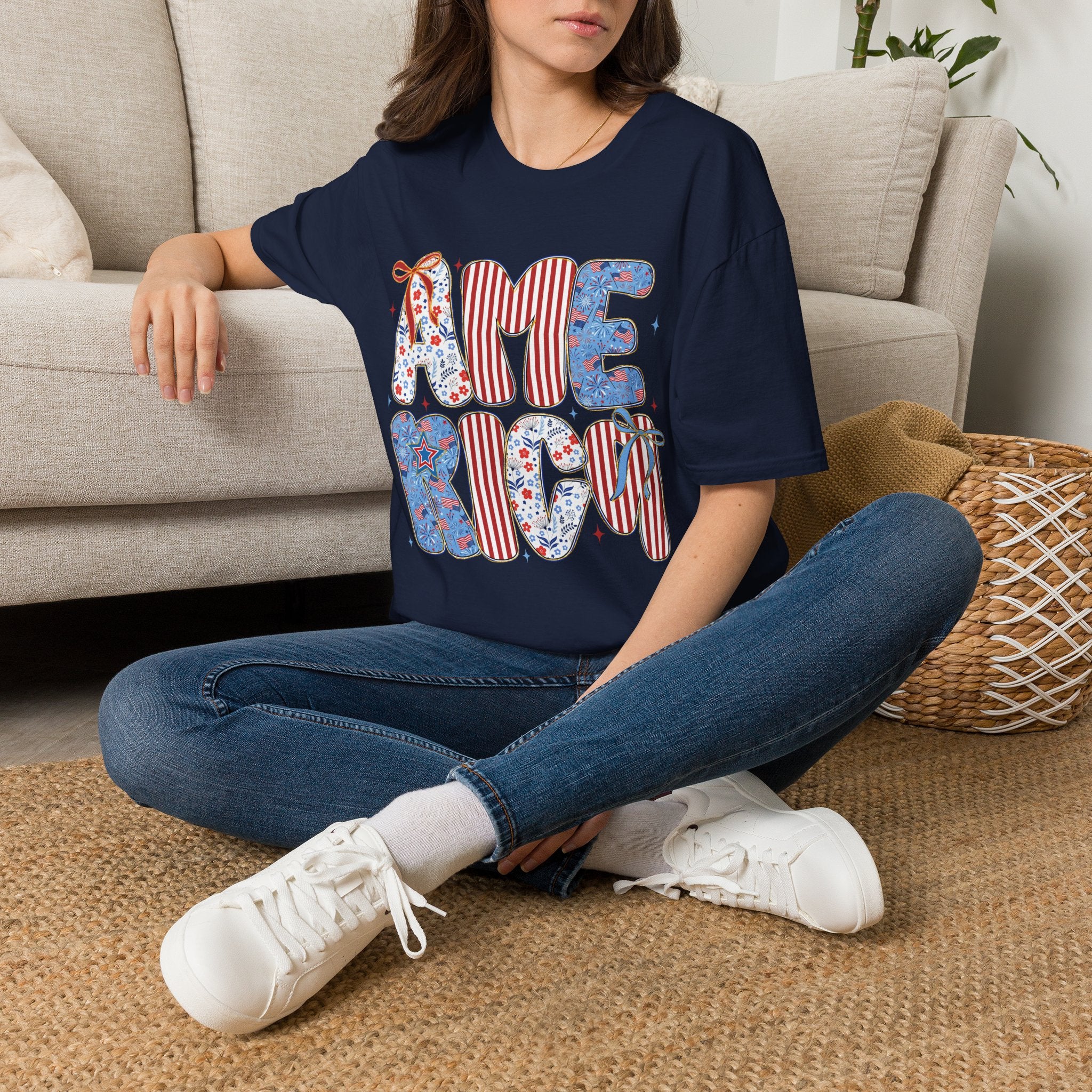 AME Retro Patriotic T-Shirt — Red White Blue Floral & Stripes Graphic Tee