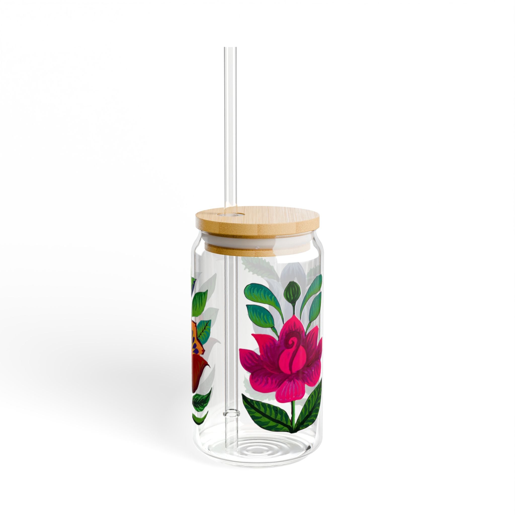 Floral Glass Sipper Cup — 16oz Double-Walled Drink Jar with Bamboo Lid & Straw
