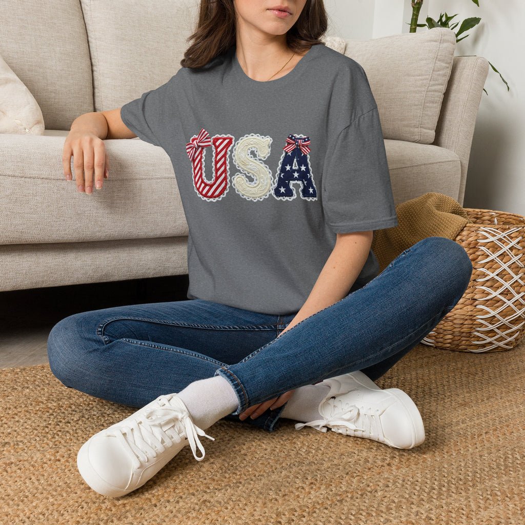 USA Applique T-Shirt — Patriotic 4th of July Flag Letter Tee